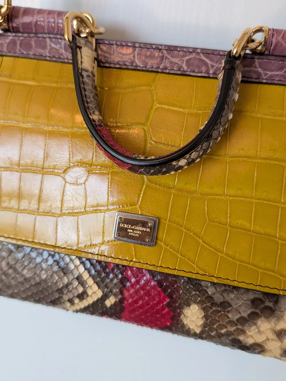 Dolce & Gabbana Small Yellow Croc-Embossed & Snakeskin Top-Handle Bag
